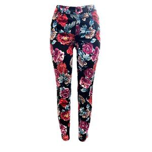 Chicos Floral Skinny Jeggings Pants Ankle Black Red Vibrant Roses Stretch Size 4